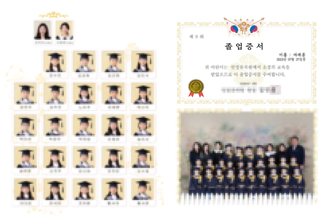 반명함 사진과 단체사진, 졸업증서가 한 지면에 놓인 졸업앨범 기본 구성