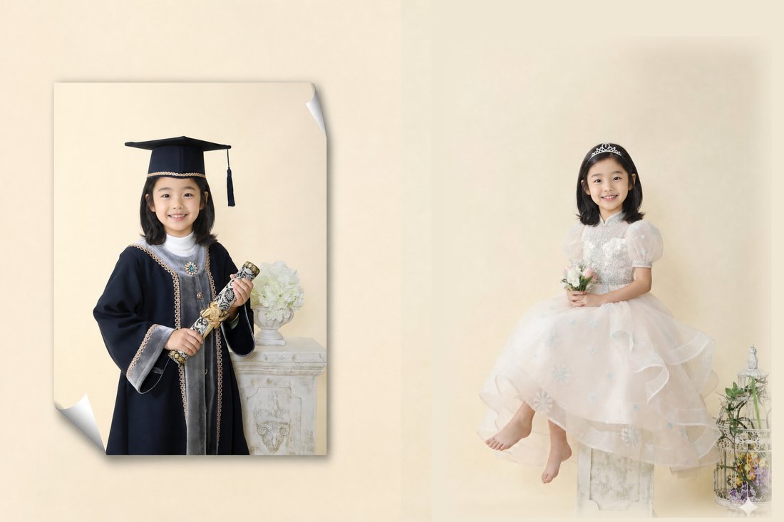 학사모 사진과 프로필 사진이 한 지면에 놓인 졸업앨범 구성