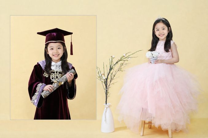 티아라와 연분홍 드레스를 입고 꽃을 든 여자아이 컨셉촬영