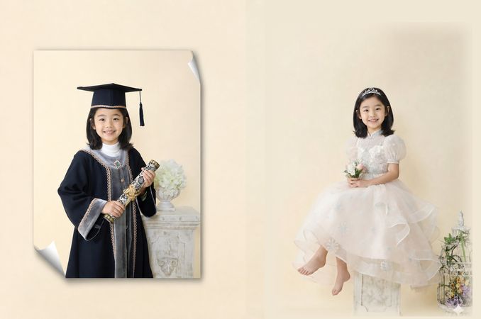 스노우 컨셉 드레스를 입고 꽃을 든 여자아이 컨셉촬영